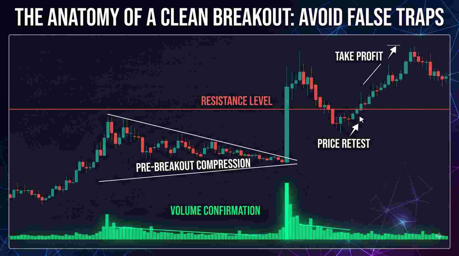 Financial chart visualization titled 'The Anatomy of a Clean Breakout: Avoid False Traps' showing price compression, a resistance level breach, volume confirmation, and a subsequent price retest.