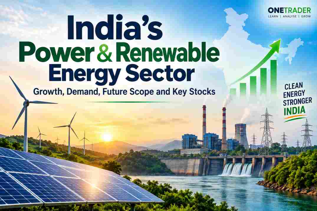 India power and renewable energy sector with solar panels, wind turbines, power plants and transmission infrastructure