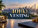 Centered 401(k) Vesting title above a retirement-planning desk, coins and a city skyline, branded OneTrader.