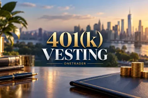 Centered 401(k) Vesting title above a retirement-planning desk, coins and a city skyline, branded OneTrader.