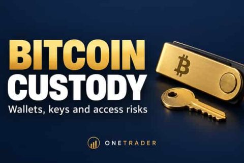 Bitcoin custody: wallets, keys and access risks, illustrated with a hardware wallet and key, branded Onetrader.