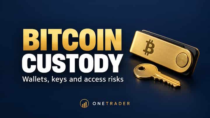 Bitcoin custody: wallets, keys and access risks, illustrated with a hardware wallet and key, branded Onetrader.