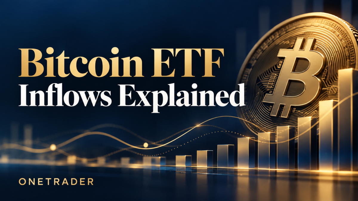 Bitcoin ETF inflows explained with Bitcoin symbol and illustrative market graphics