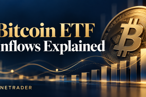 Bitcoin ETF inflows explained with Bitcoin symbol and illustrative market graphics