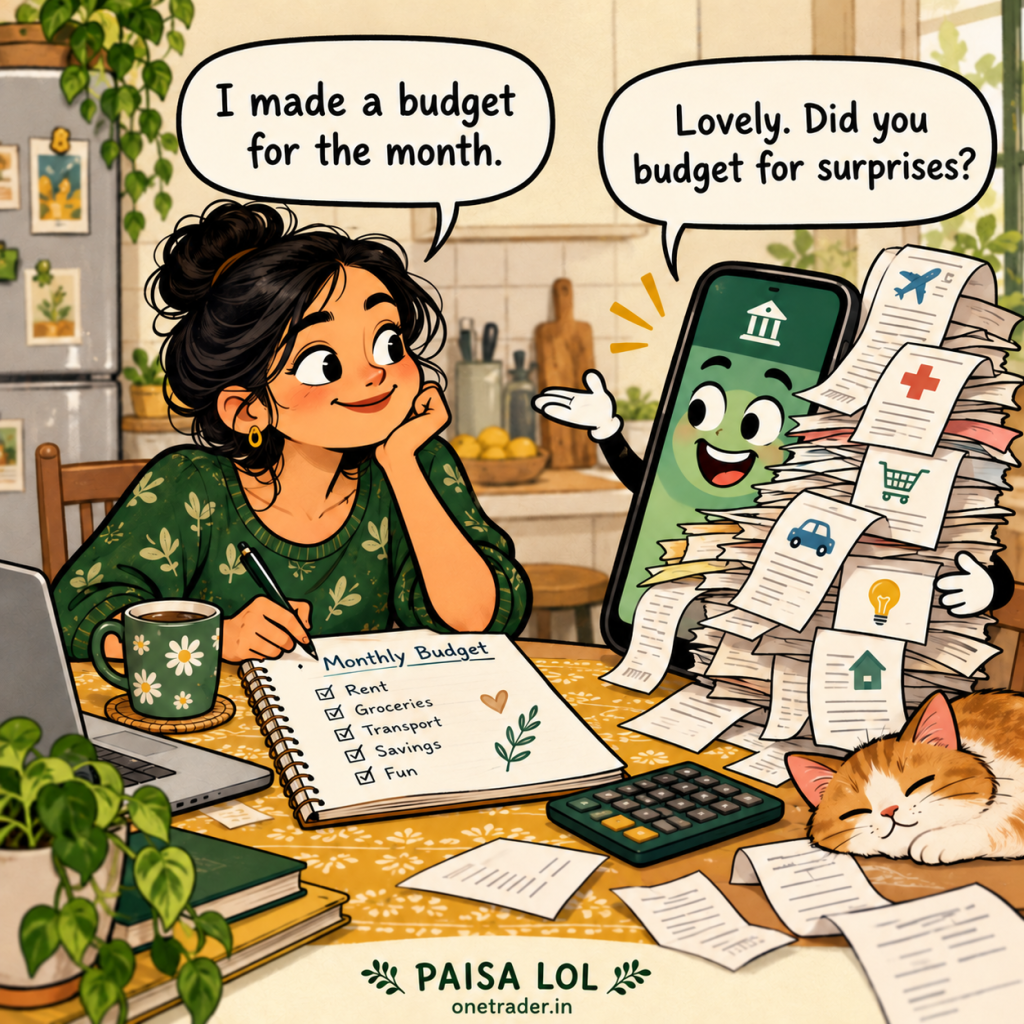 Budget Forecast: a woman makes a monthly budget while her bank app presents unexpected bills.
