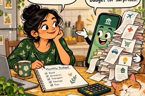 Budget Forecast: a woman makes a monthly budget while her bank app presents unexpected bills. Paisa LOL, onetrader.in.