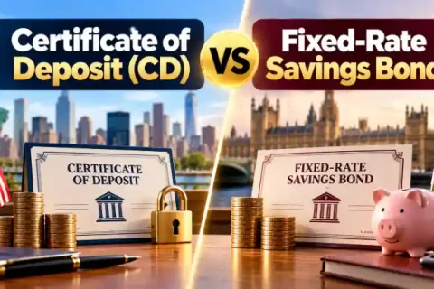 Certificate of Deposit vs Fixed-Rate Savings Bond comparison showing US and UK fixed-term savings, interest rates and deposit protection.