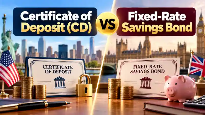 Certificate of Deposit vs Fixed-Rate Savings Bond comparison showing US and UK fixed-term savings, interest rates and deposit protection.