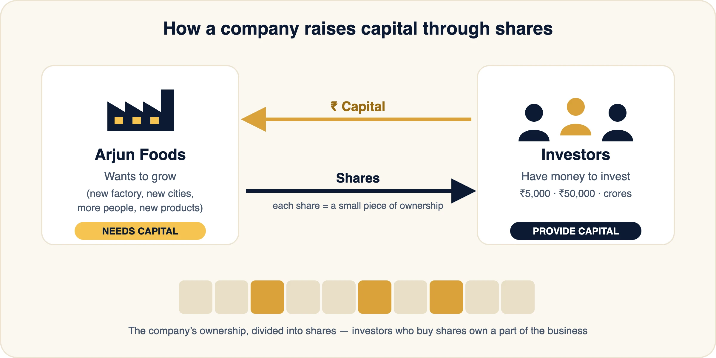 Diagram: Arjun Foods needs capital to grow, investors provide capital, and the company issues shares that represent ownership in the business.