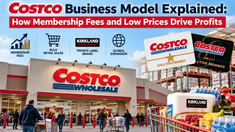 Costco business model explained with membership fees, warehouse retail, Kirkland Signature and revenue streams.