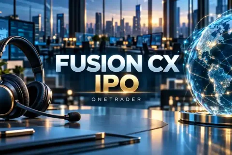 AI conceptual illustration of a customer-service headset and network globe with centred Fusion CX IPO and Onetrader text; not an actual company office.