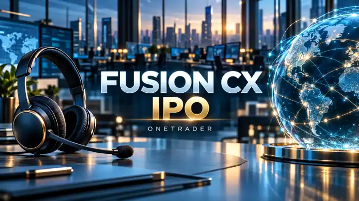 AI conceptual illustration of a customer-service headset and network globe with centred Fusion CX IPO and Onetrader text; not an actual company office.