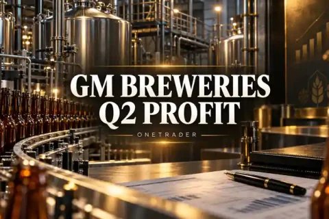 Onetrader illustration of a beverage bottling factory with centred GM Breweries Q2 Profit headline. AI-created editorial illustration.