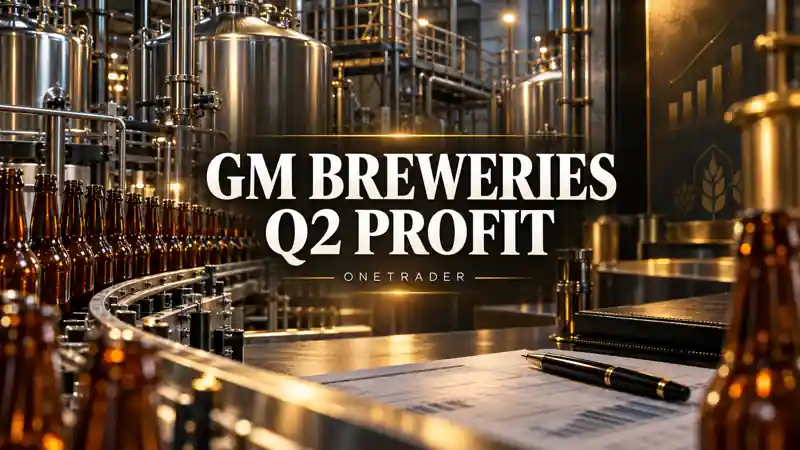 Onetrader illustration of a beverage bottling factory with centred GM Breweries Q2 Profit headline. AI-created editorial illustration.