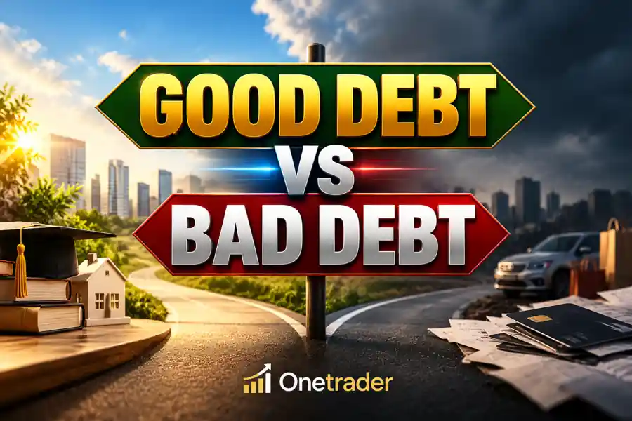 AI-created Onetrader illustration of good debt and bad debt signposts, education and home models, and credit cards; central title with crop-safe margins.