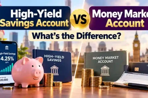 High-yield savings account vs money market account comparison showing interest rates, FDIC protection and savings benefits.