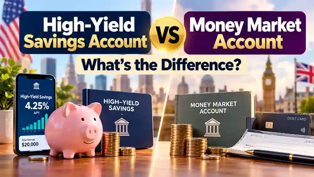 High-yield savings account vs money market account comparison showing interest rates, FDIC protection and savings benefits.