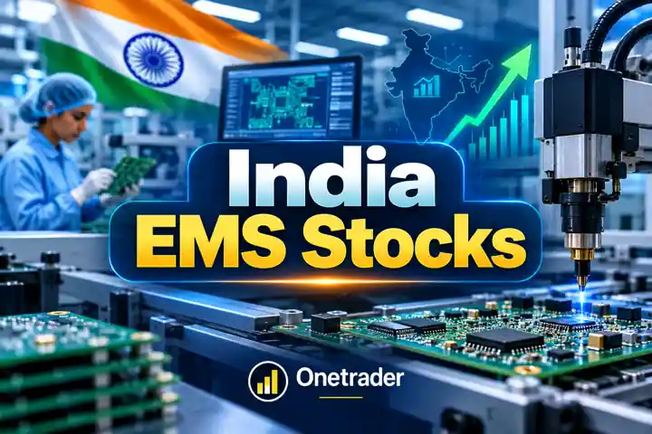 Illustration of electronics assembly with circuit boards and the title India EMS Stocks — Onetrader