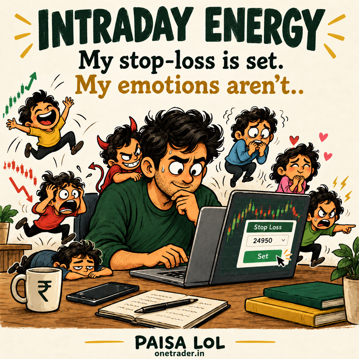 INTRADAY ENERGY: A trader sets a stop-loss while tiny chaotic emotions surround him. Paisa LOL, onetrader.in.