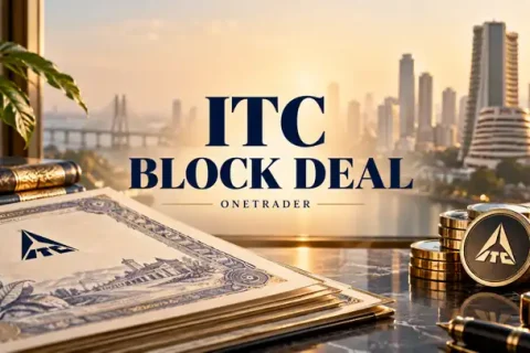 Onetrader conceptual illustration of ITC share certificates and institutional exchange tokens, with centred ITC Block Deal headline; AI-created, not a documentary image.