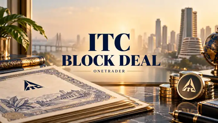 Onetrader conceptual illustration of ITC share certificates and institutional exchange tokens, with centred ITC Block Deal headline; AI-created, not a documentary image.