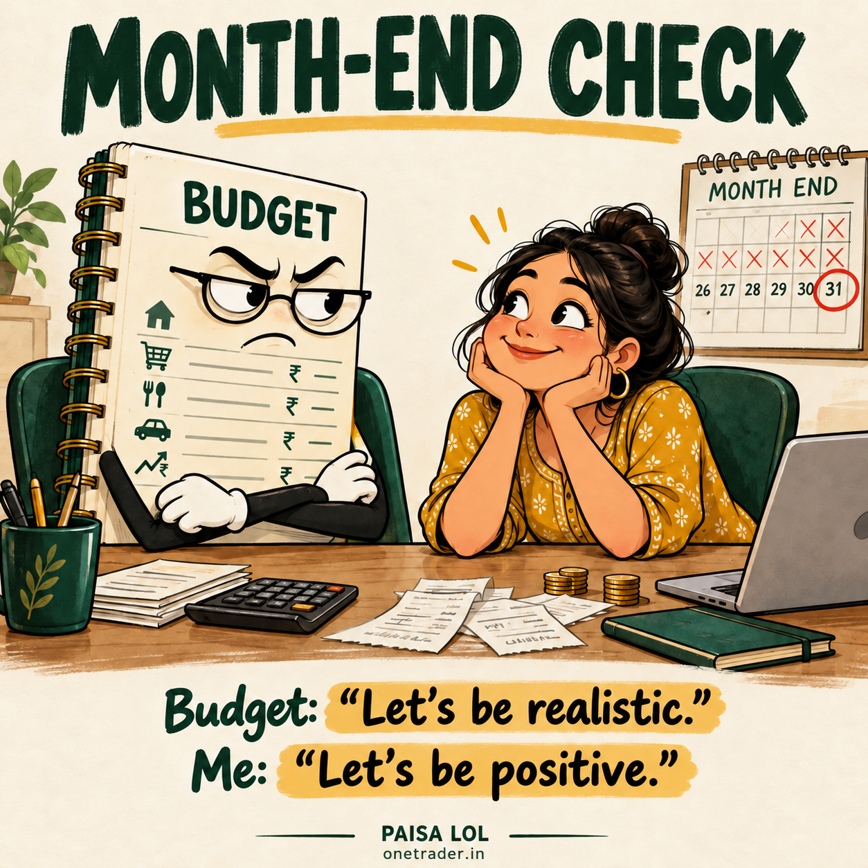 MONTH-END CHECK: An optimistic woman faces a stern budget notebook at month end. Paisa LOL, onetrader.in.