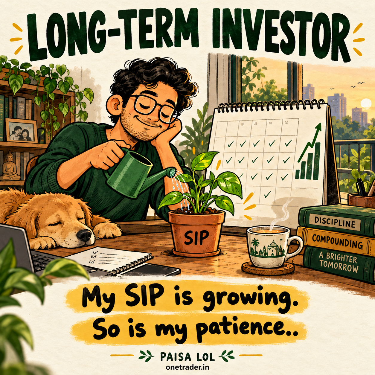 LONG-TERM INVESTOR: An investor patiently waters a small SIP money plant. Paisa LOL, onetrader.in.