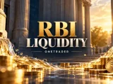 Centered RBI Liquidity title over an AI-created banking architecture and rupee-coin illustration, branded OneTrader.