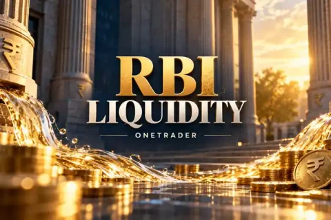 Centered RBI Liquidity title over an AI-created banking architecture and rupee-coin illustration, branded OneTrader.