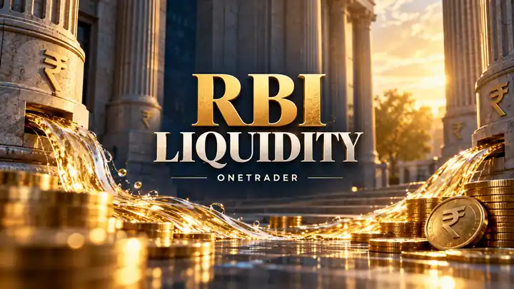 Centered RBI Liquidity title over an AI-created banking architecture and rupee-coin illustration, branded OneTrader.