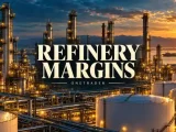 Onetrader AI-created conceptual oil refinery at golden hour with centrally placed Refinery Margins headline; not a photograph of a named facility.