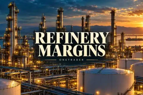 Onetrader AI-created conceptual oil refinery at golden hour with centrally placed Refinery Margins headline; not a photograph of a named facility.