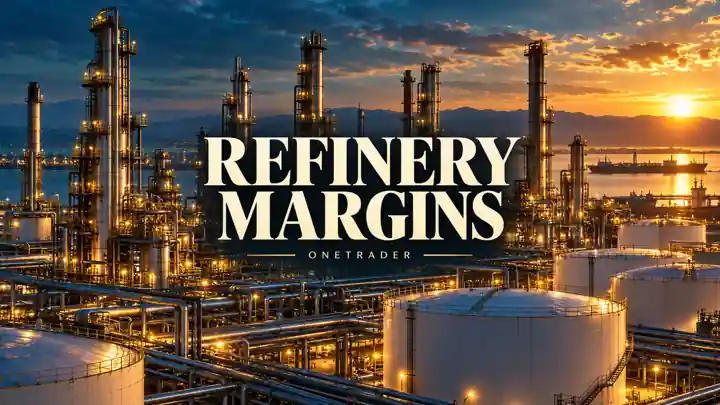 Onetrader AI-created conceptual oil refinery at golden hour with centrally placed Refinery Margins headline; not a photograph of a named facility.