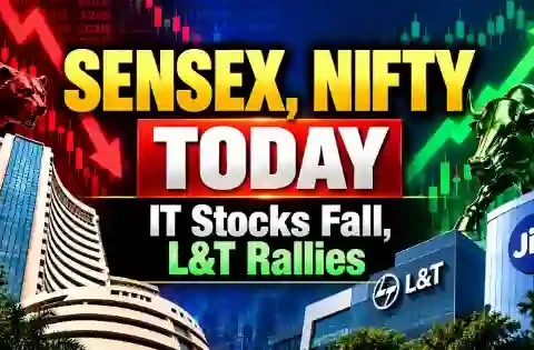 Sensex Nifty today October 28 2026 market update showing IT stocks declining and L&T shares rising.