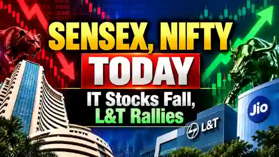 Sensex Nifty today October 28 2026 market update showing IT stocks declining and L&T shares rising.