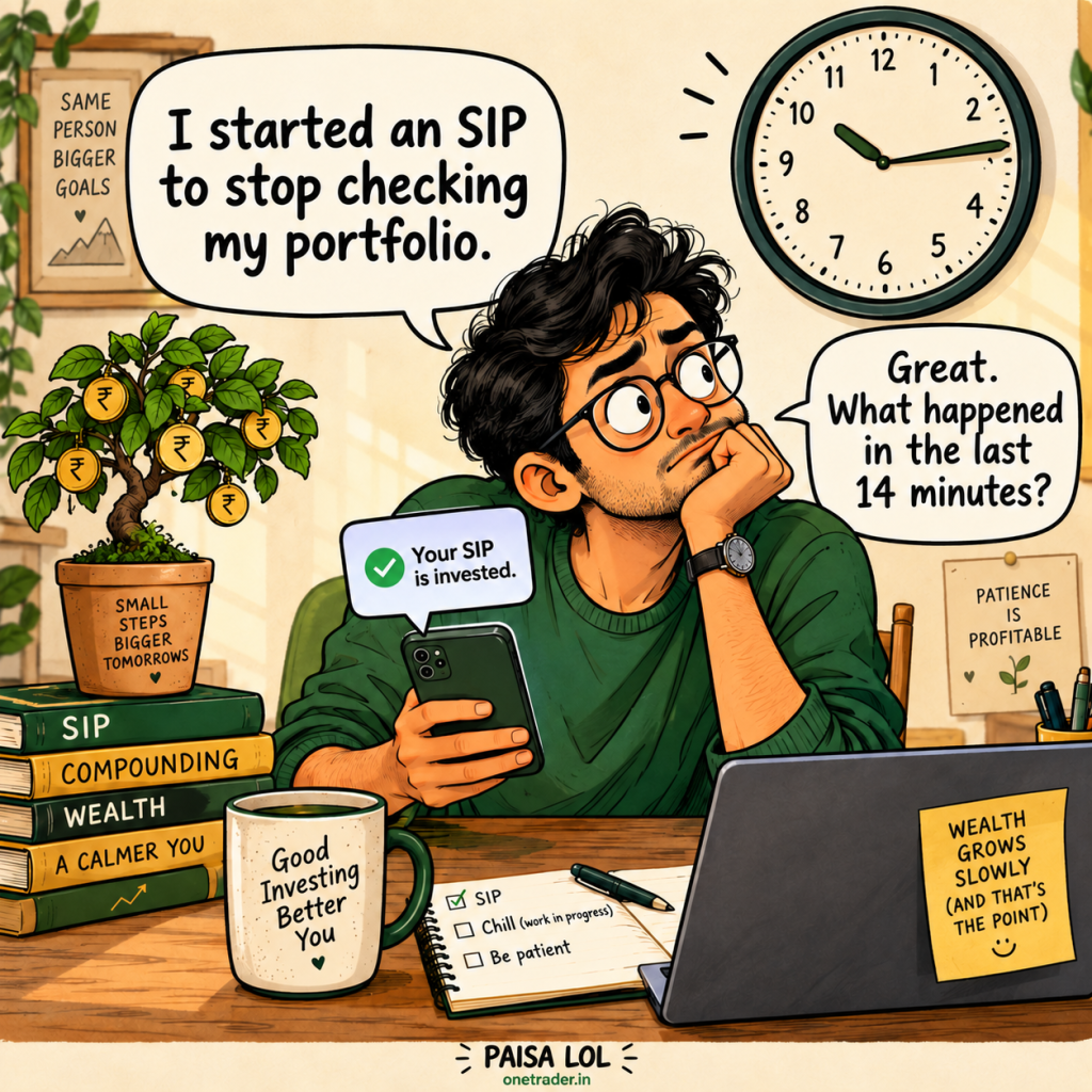My First SIP: an investor checks his phone fourteen minutes after investing, beside a money tree and clock.