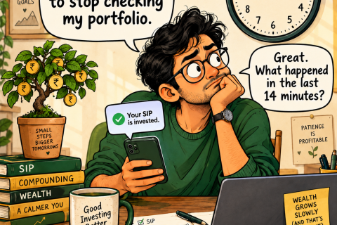 My First SIP: an investor checks his phone fourteen minutes after investing, beside a money tree and clock. Paisa LOL, onetrader.in.