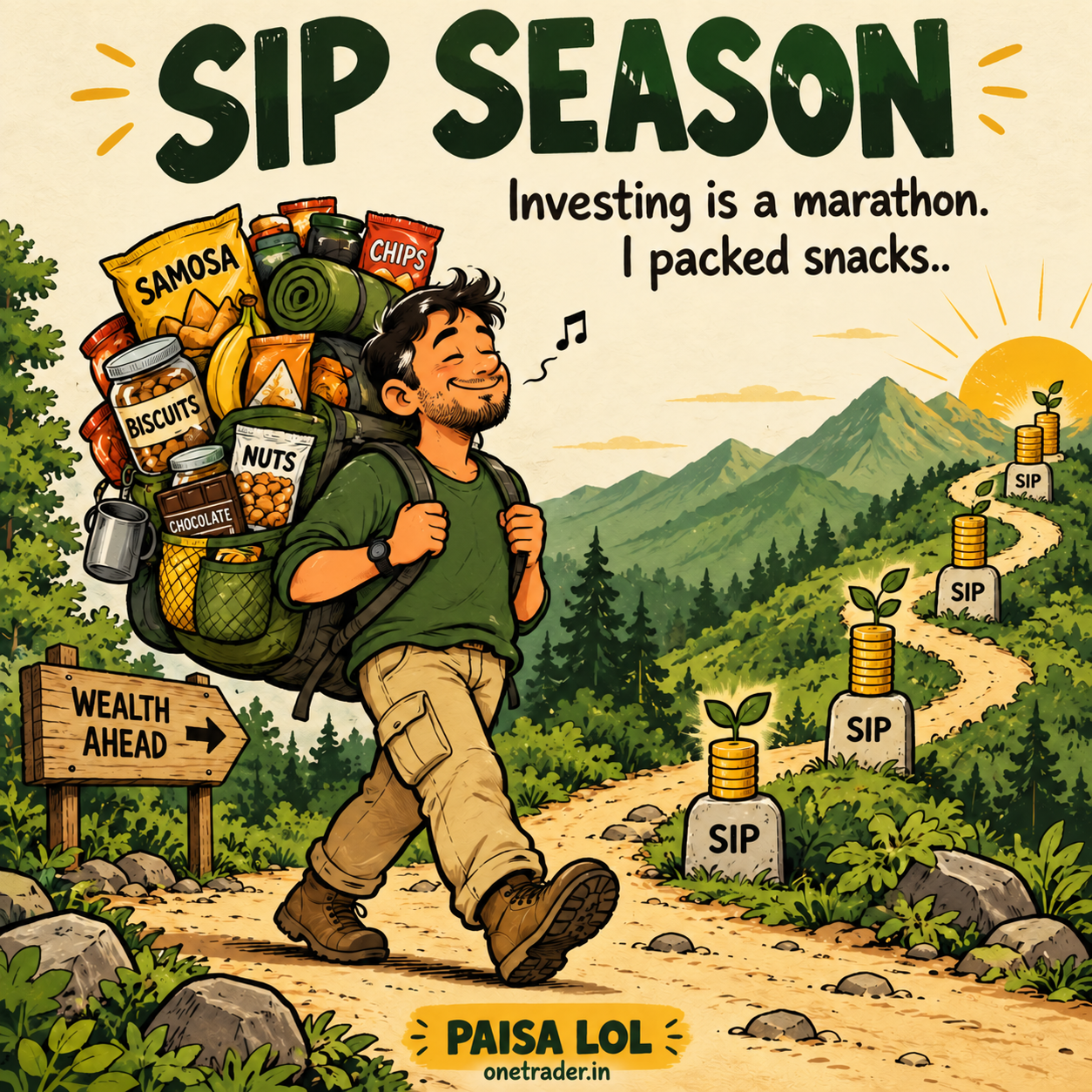 SIP SEASON: An investor packs snacks for the long investing marathon. Paisa LOL, onetrader.in.