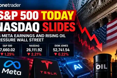 S&P 500 today falls 1.25% as Nasdaq drops 2.21% amid Meta earnings, AI spending concerns and rising crude oil prices on October 22, 2026.