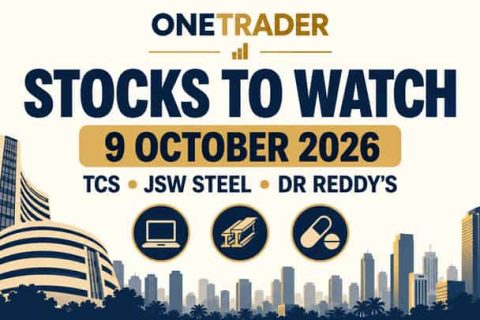 Onetrader stocks to watch for 9 October 2026: TCS, JSW Steel and Dr. Reddy’s, illustrated with technology, steel and pharmaceutical icons.
