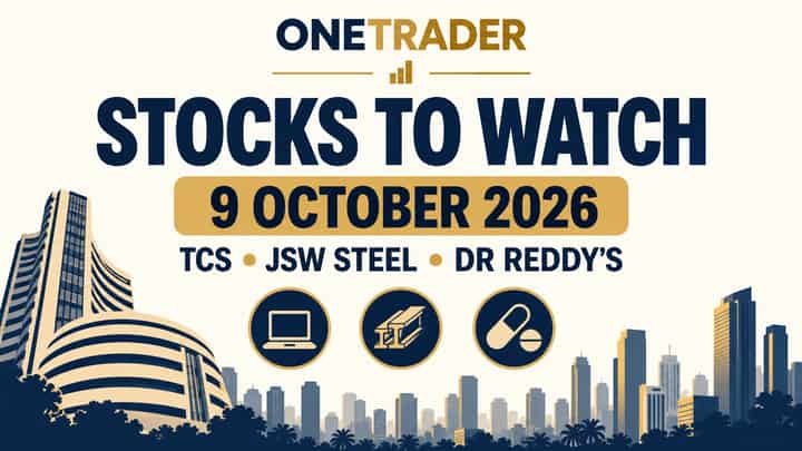 Onetrader stocks to watch for 9 October 2026: TCS, JSW Steel and Dr. Reddy’s, illustrated with technology, steel and pharmaceutical icons.