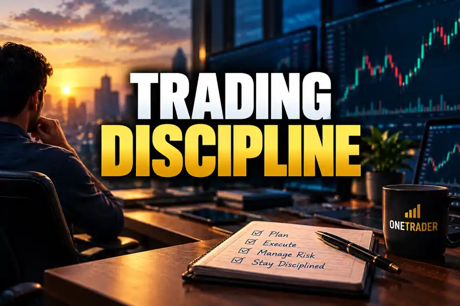 AI-created OneTrader illustration of a trader at a desk with a trading journal and centred Trading Discipline title