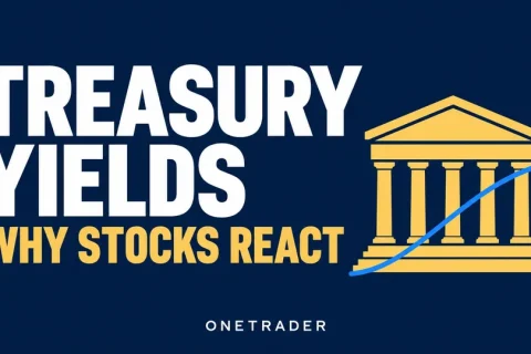 Treasury yields: why stocks react, with a Treasury building illustration and Onetrader branding