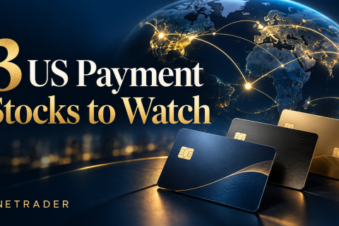 Three US payment stocks to watch, illustrated with payment cards and global connections