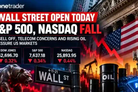 Wall Street open today October 23, 2026, showing S&P 500 down 0.34%, Nasdaq down 0.44% and Dow Jones down 0.32% amid technology stock selling.