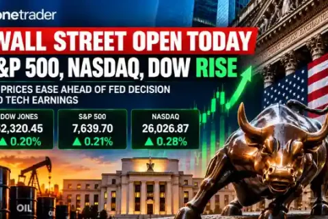 Wall Street open today October 26, 2026, showing S&P 500 up 0.21%, Nasdaq up 0.28% and Dow Jones up 0.20% ahead of the Federal Reserve decision.