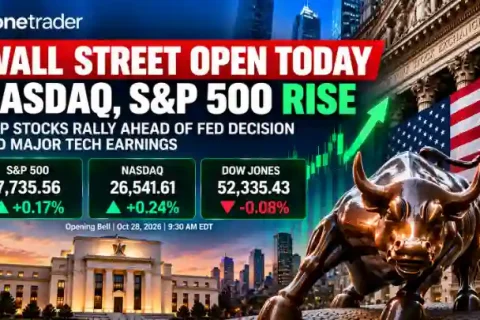 Wall Street open today October 28, 2026, as Nasdaq and S&P 500 rise on semiconductor stock gains ahead of the Federal Reserve decision.