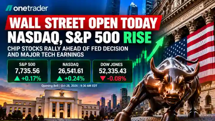 Wall Street open today October 28, 2026, as Nasdaq and S&P 500 rise on semiconductor stock gains ahead of the Federal Reserve decision.