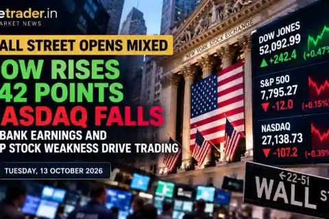 US stock market today October 13, 2026, Dow Jones rises 242 points while Nasdaq falls amid semiconductor weakness and bank earnings.