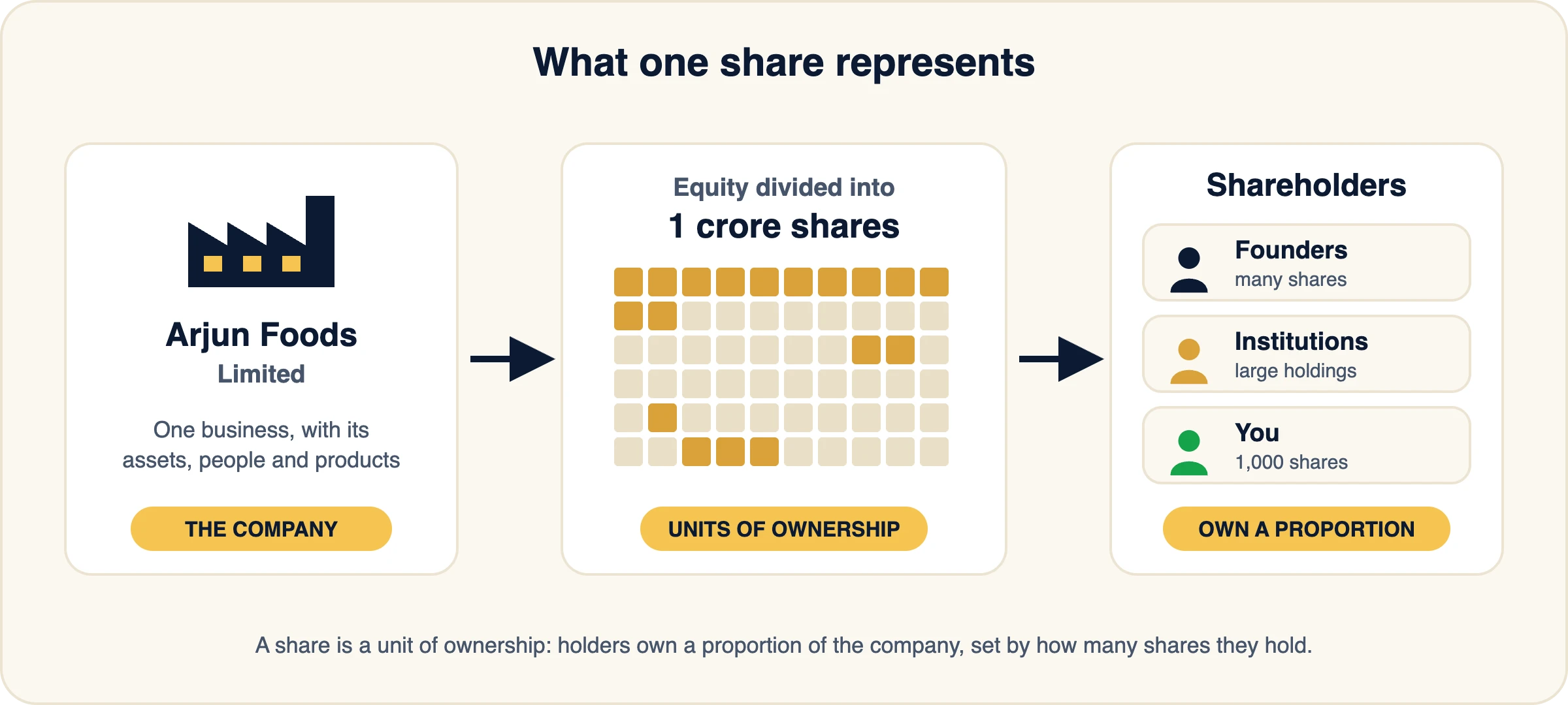 Diagram: Arjun Foods Limited divides its equity into 1 crore shares, and shareholders such as founders, institutions and individual investors each own a proportion of the company through the shares they hold.